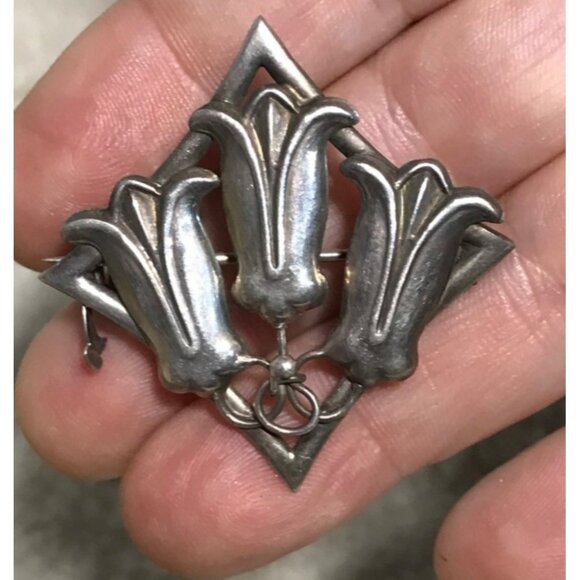 Floral Brooch Art Deco Style Silver Plata 900 Made in Chile 1.5" - Picture 2 of 7